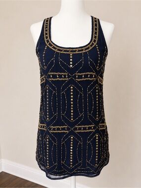 Fossil Blue tank top with Gold Beaded Detail